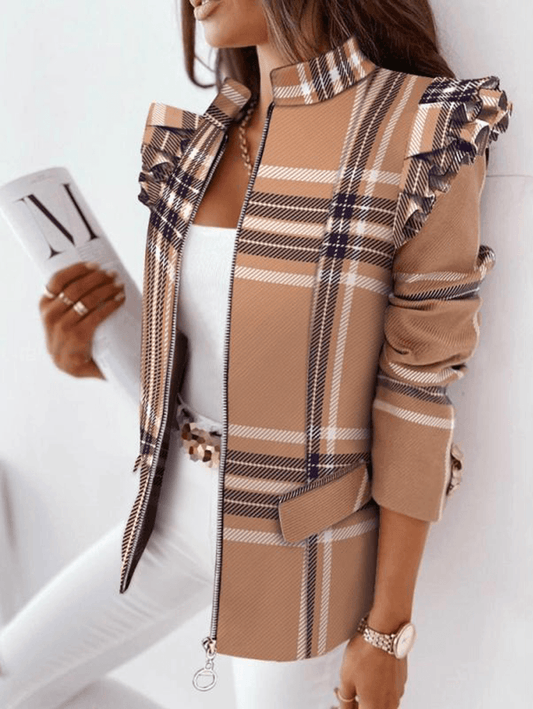 Inrosy court blazer carreaux peplum ceinture col montant manches longues femme casual élégant mode décontracté veste automne