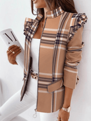 Inrosy court blazer carreaux peplum ceinture col montant manches longues femme casual élégant mode décontracté veste automne