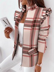 Inrosy court blazer carreaux peplum ceinture col montant manches longues femme casual élégant mode décontracté veste automne