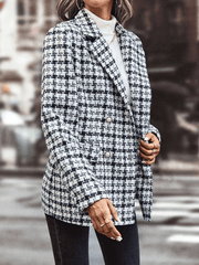 Inrosy blazer veste carreaux double boutonnage poches col revers manches longues femme style tailleur élégant mode automne manteau