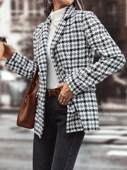 Inrosy blazer veste carreaux double boutonnage poches col revers manches longues femme style tailleur élégant mode automne manteau