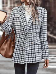 Inrosy blazer veste carreaux double boutonnage poches col revers manches longues femme style tailleur élégant mode automne manteau