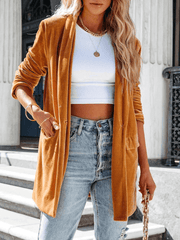 Inrosy mi-longue blazer en velours fendu boutons poches manches longues femme élégant mode décontracté veste