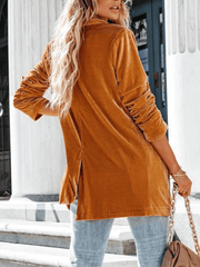 Inrosy mi-longue blazer en velours fendu boutons poches manches longues femme élégant mode décontracté veste