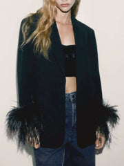 Inrosy blazer boutons poches col revers plume manches longues femme élégant simple mode décontracté veste