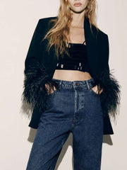 Inrosy blazer boutons poches col revers plume manches longues femme élégant simple mode décontracté veste