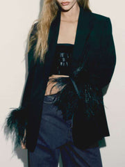 Inrosy blazer boutons poches col revers plume manches longues femme élégant simple mode décontracté veste