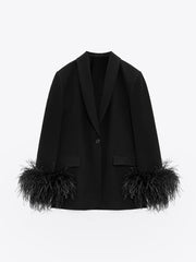 Inrosy blazer boutons poches col revers plume manches longues femme élégant simple mode décontracté veste