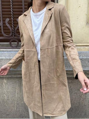 Inrosy mi-longue blazer suedine poches col revers manches longues femme casual élégant décontracté veste manteau