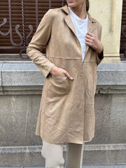 Inrosy mi-longue blazer suedine poches col revers manches longues femme casual élégant décontracté veste manteau