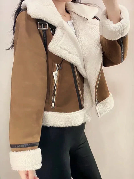 Inrosy court veste aviateur peau de mouton suedine fermeture éclair poches femme bombardier décontracté