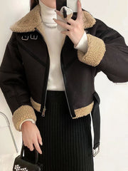 Inrosy court veste aviateur simili cuir peau de mouton fermeture éclair ceinture col revers femme bombardier