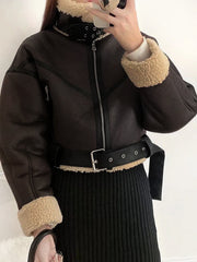 Inrosy court veste aviateur simili cuir peau de mouton fermeture éclair ceinture col revers femme bombardier