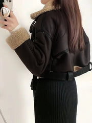 Inrosy court veste aviateur simili cuir peau de mouton fermeture éclair ceinture col revers femme bombardier