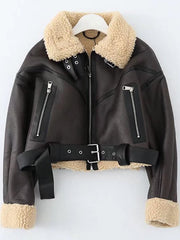 Inrosy court veste aviateur simili cuir peau de mouton fermeture éclair ceinture col revers femme bombardier