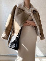 Inrosy manteau aviateur suedine fermeture éclair ceinture col revers femme veste style boyfriend