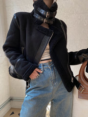 Inrosy manteau aviateur suedine fermeture éclair ceinture col revers femme veste style boyfriend