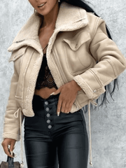 Inrosy perfecto court veste aviateur simili cuir peau de mouton polaire poches col revers manches longues femme mode bombardier