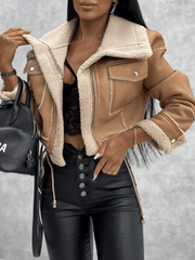 Inrosy perfecto court veste aviateur simili cuir peau de mouton polaire poches col revers manches longues femme mode bombardier