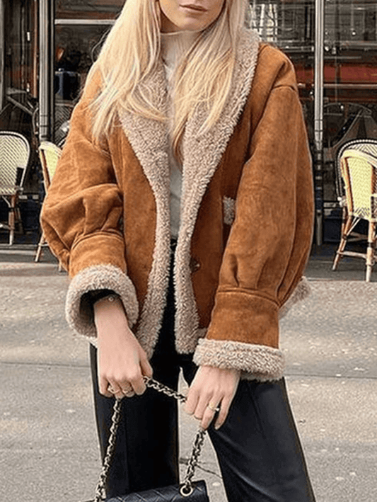 Inrosy manteau veste aviateur suedine doublé polaire boutonnage col revers manches bishop longues femme style boyfriend oversized vintage
