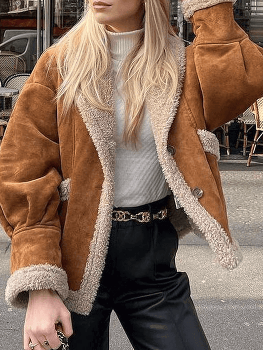 Inrosy manteau veste aviateur suedine doublé polaire boutonnage col revers manches bishop longues femme style boyfriend oversized vintage