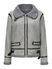 Inrosy manteau aviateur suedine peau de mouton polaire chunky buckle fermeture éclair col revers femme style boyfriend oversized