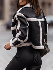 Inrosy court manteau aviateur carreaux peau de mouton poches col revers manches longues femme style boyfriend mode perfecto veste