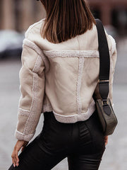 Inrosy court manteau aviateur carreaux peau de mouton poches col revers manches longues femme style boyfriend mode perfecto veste