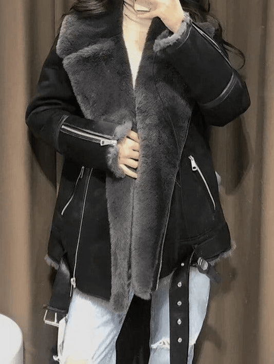 Inrosy manteau aviateur doublé polaire ceinture fermeture éclair col revers femme chaud et élégant oversized décontracté hiver veste