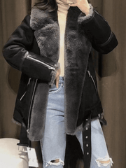 Inrosy manteau aviateur doublé polaire ceinture fermeture éclair col revers femme chaud et élégant oversized décontracté hiver veste