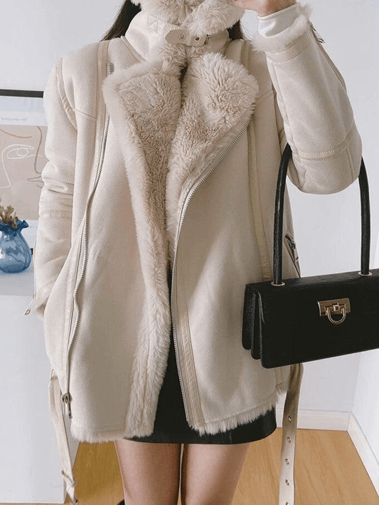 Inrosy veste aviateur doublé polaire ceinture fermeture éclair col revers manches longues femme oversized décontracté hiver manteau