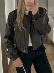 Inrosy court perfecto femme cuir fermeture éclair col montant manches longues femme style boyfriend mode décontracté veste