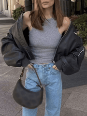 Inrosy court perfecto femme cuir fermeture éclair col montant manches longues femme style boyfriend mode décontracté veste