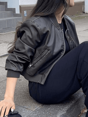 Inrosy court perfecto femme cuir fermeture éclair col montant manches longues femme style boyfriend mode décontracté veste