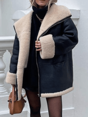 Inrosy mi-longue manteau aviateur simili cuir peau de mouton poches fermeture éclair col revers femme élégant mode vintage oversized veste