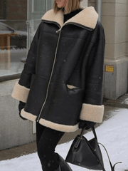 Inrosy mi-longue manteau aviateur simili cuir peau de mouton poches fermeture éclair col revers femme élégant mode vintage oversized veste