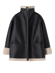 Inrosy mi-longue manteau aviateur simili cuir peau de mouton poches fermeture éclair col revers femme élégant mode vintage oversized veste