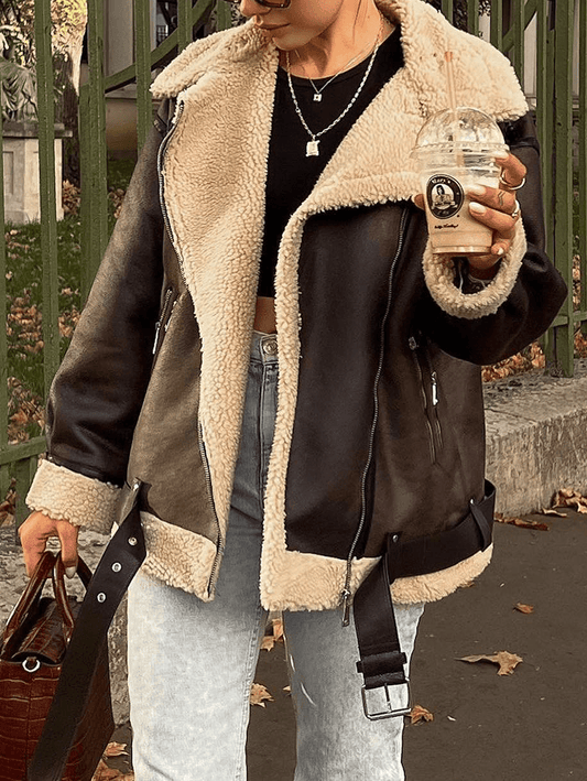 Inrosy mi-longue manteau aviateur simili cuir ceinture col revers femme décontracté bombardier aviateur veste