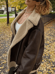 Inrosy mi-longue manteau aviateur simili cuir ceinture col revers femme décontracté bombardier aviateur veste