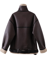 Inrosy mi-longue manteau aviateur simili cuir ceinture col revers femme décontracté bombardier aviateur veste
