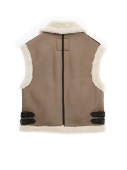 Inrosy veste sans manches doublé polaire molleton suedine poches ceinture chunky buckle col revers femme décontracté gilet