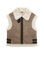 Inrosy veste sans manches doublé polaire molleton suedine poches ceinture chunky buckle col revers femme décontracté gilet