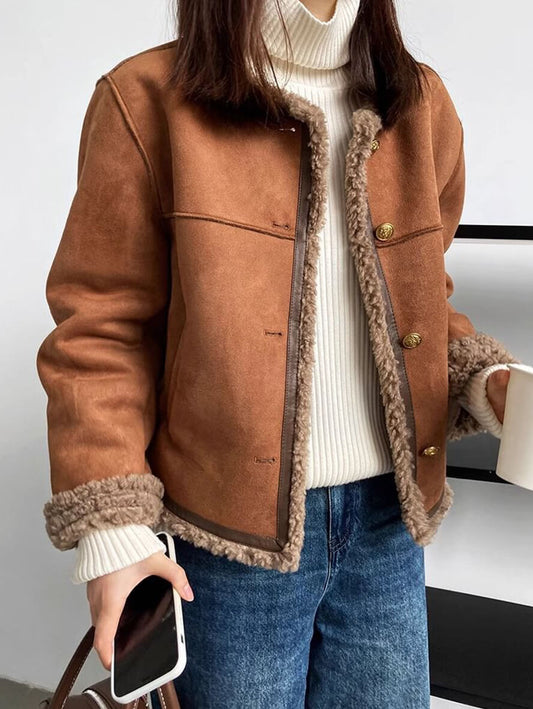 Inrosy veste femme suedine polaire boutonnage col rond manches longues femme mode décontracté hiver manteau