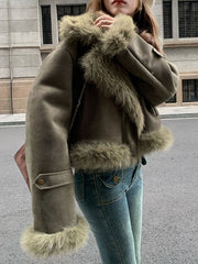 Inrosy manteau aviateur intérieur fourrure suedine col revers manches longues femme style boyfriend mode décontracté hiver veste