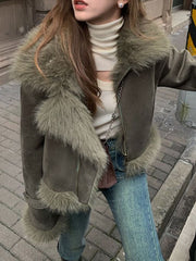 Inrosy manteau aviateur intérieur fourrure suedine col revers manches longues femme style boyfriend mode décontracté hiver veste