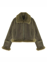 Inrosy manteau aviateur intérieur fourrure suedine col revers manches longues femme style boyfriend mode décontracté hiver veste