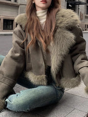 Inrosy manteau aviateur intérieur fourrure suedine col revers manches longues femme style boyfriend mode décontracté hiver veste