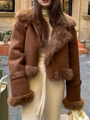 Inrosy manteau aviateur intérieur fourrure suedine col revers manches longues femme style boyfriend mode décontracté hiver veste