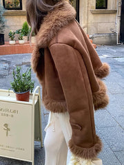 Inrosy manteau aviateur intérieur fourrure suedine col revers manches longues femme style boyfriend mode décontracté hiver veste