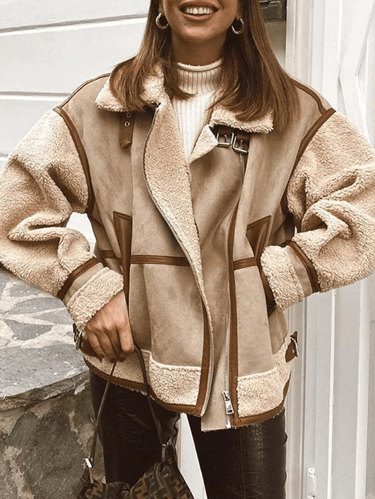 Inrosy manteau aviateur suedine poches ceinture fermeture éclair col revers manches longues femme mode décontracté hiver veste